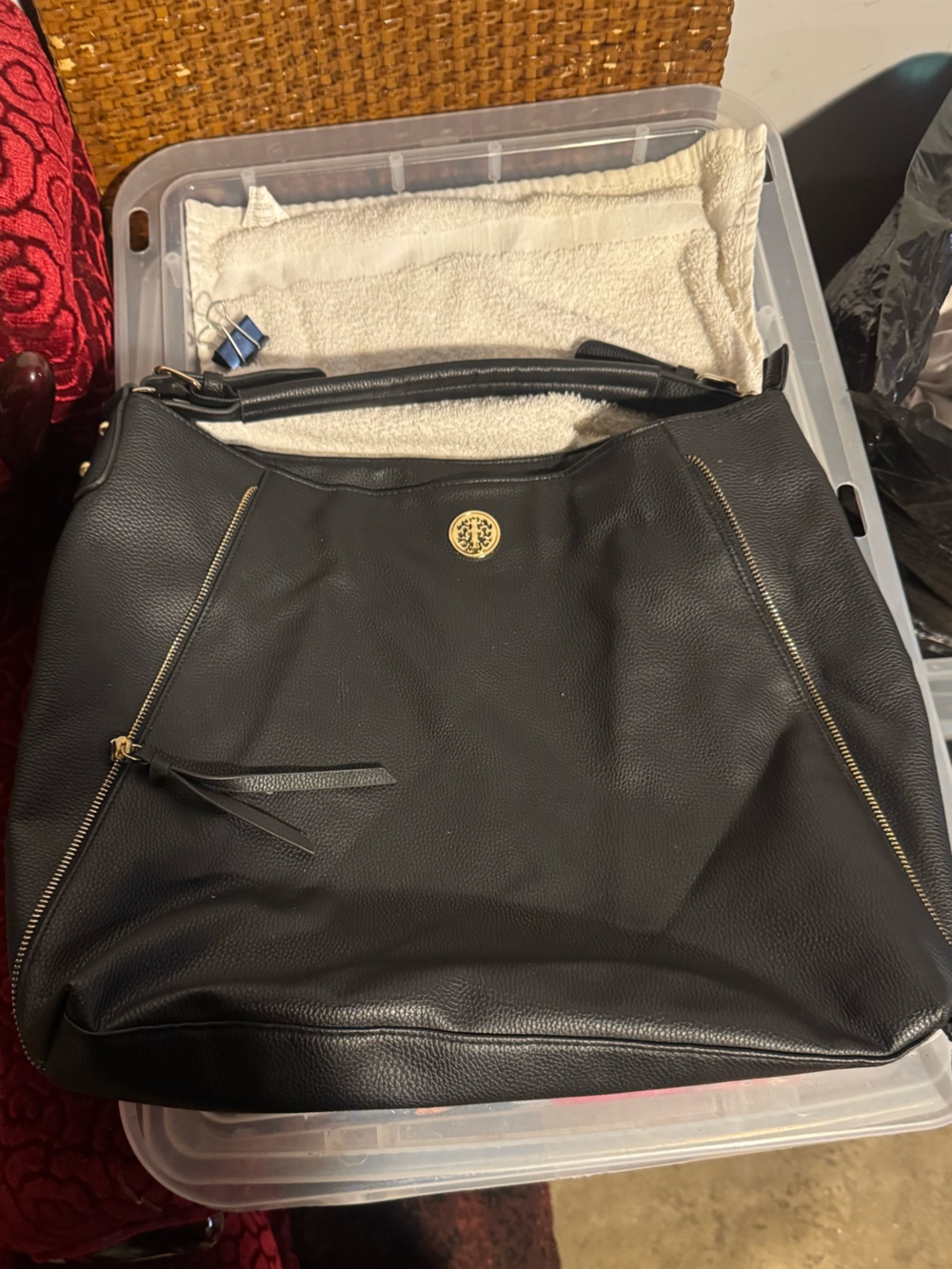 Tory Burch Black Pebbled Leather Shoulder Hobo with Gold Accents